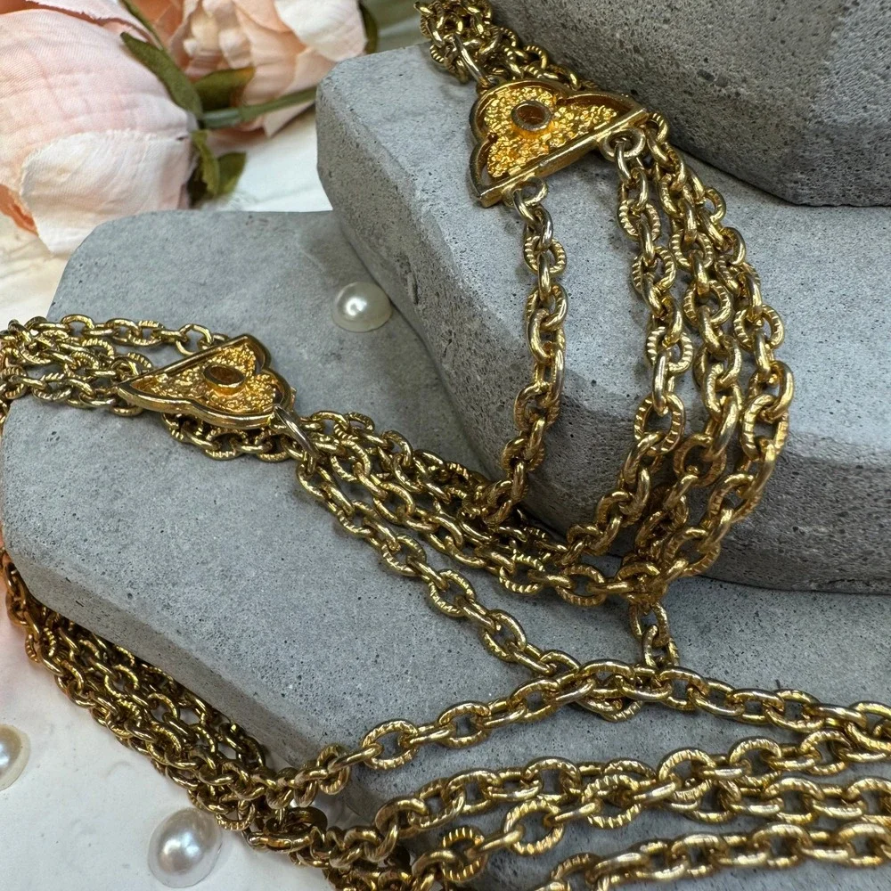 Vintage Gold Tone Multi Strand Chain Belt Long Wrap Necklace Textured Heart 48